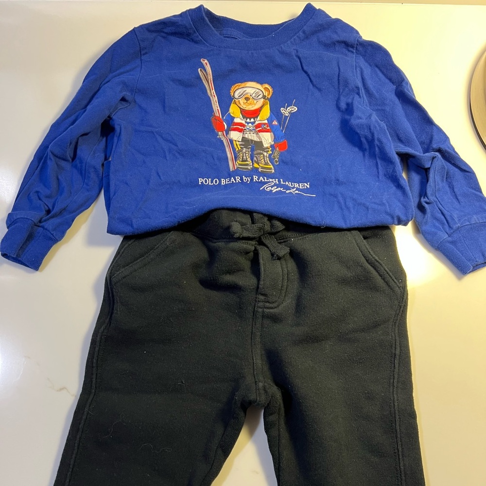 Ralph Lauren Blue Skiing Polo Bear long sleeve T-Shirt with black sweatpants 18m - Picture 9 of 10